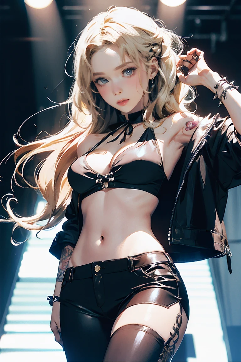 Realistic:1.2, Rocker girl in leather jacket,Slim figure、Normal bust size、 highly Realistic photograph, whole body, NSFW, Spiked clothing,White tank top、Navel exposed、Leather high leg bikini pants、tattoo,Earrings Dark lipstick, blue eyes,Blonde twin tail hair,Black Ribbon, Beautiful and perfect legs, Confident expression, Punk Style ,Dynamic pose, Dynamic Lighting, Bright colors, Large Breasts, (Adult female body),Small waist