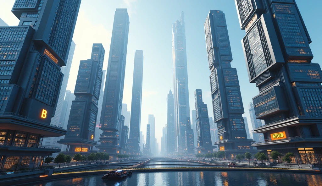 Bitcoins building in a futuristic world