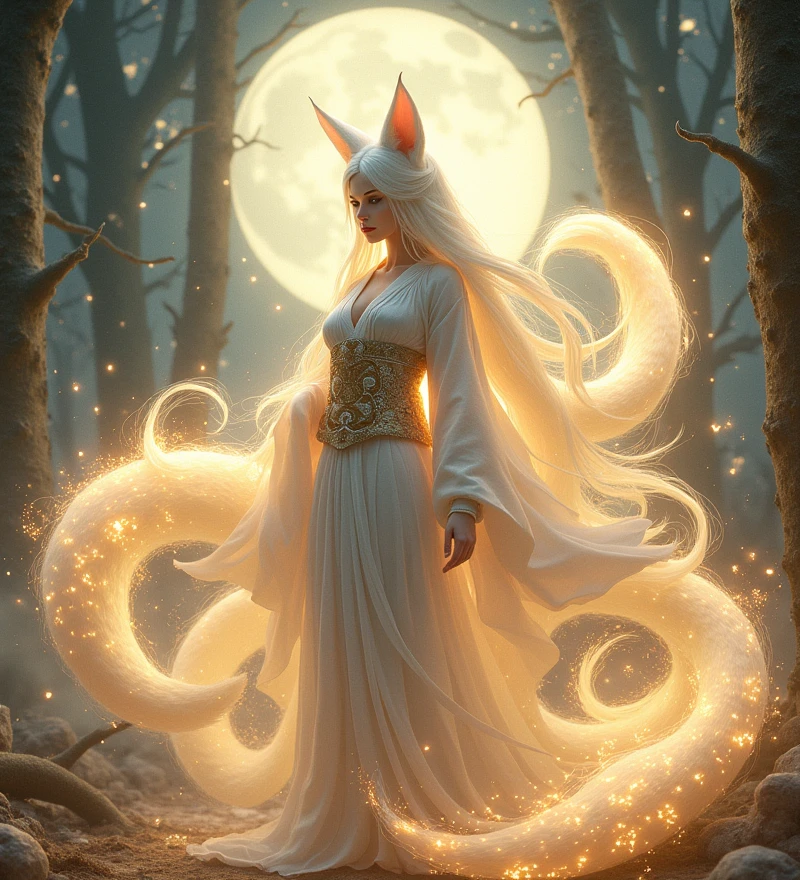(Goddess of the Nine-Tailed Fox:1.4), (majestic and mystical aura:1.3), (nine flowing, ethereal fox tails:1.5), (long, shimmering white fur:1.3), (enchanting fox ears:1.2), (graceful and elegant pose:1.3), (traditional yet divine kimono with intricate patterns:1.4), (radiant golden light:1.2), (celestial and otherworldly background:1.3), (ancient forest with glowing sakura trees:1.3), (glowing eyes that reflect ancient wisdom:1.4), (fox spirit energy swirling around:1.3), (moonlit night with stars twinkling:1.2), (mystical aura surrounding her:1.4), (highly detailed and vibrant art style:1.4), (divine, powerful presence:1.3), (ethereal beauty:1.3), (delicate but fierce expression:1.3), (ancient runes and symbols glowing:1.2), (supernatural and mythical vibe:1.4)