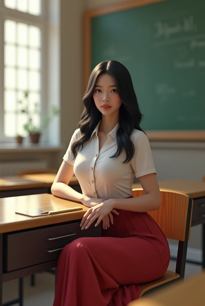 Young woman, Twenty years old, Black hair, beautiful face, Asian style, Fair Skin, Big breasts,Thin waist, Big butt, Wearing a teacher&#39;s uniform, Sit at a desk in the classroom, 3D realistic style



