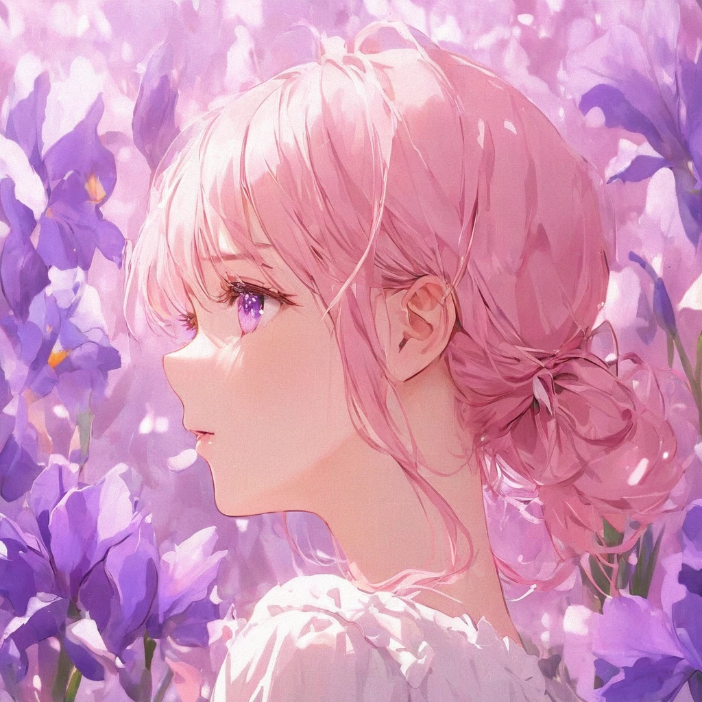 highest quality, masterpiece, surreal), Portrait of a beautiful and delicate profile girl, Playful and cute, Petals are floating in the background,Beautiful iris flowers,