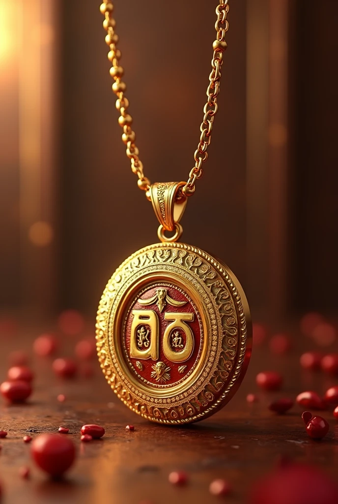 Create an image of gold chain with locket named "Raahi" in which middle two letters "aa" have design of ganesh and laxmi respectively . Moreover the locket should be letters itself