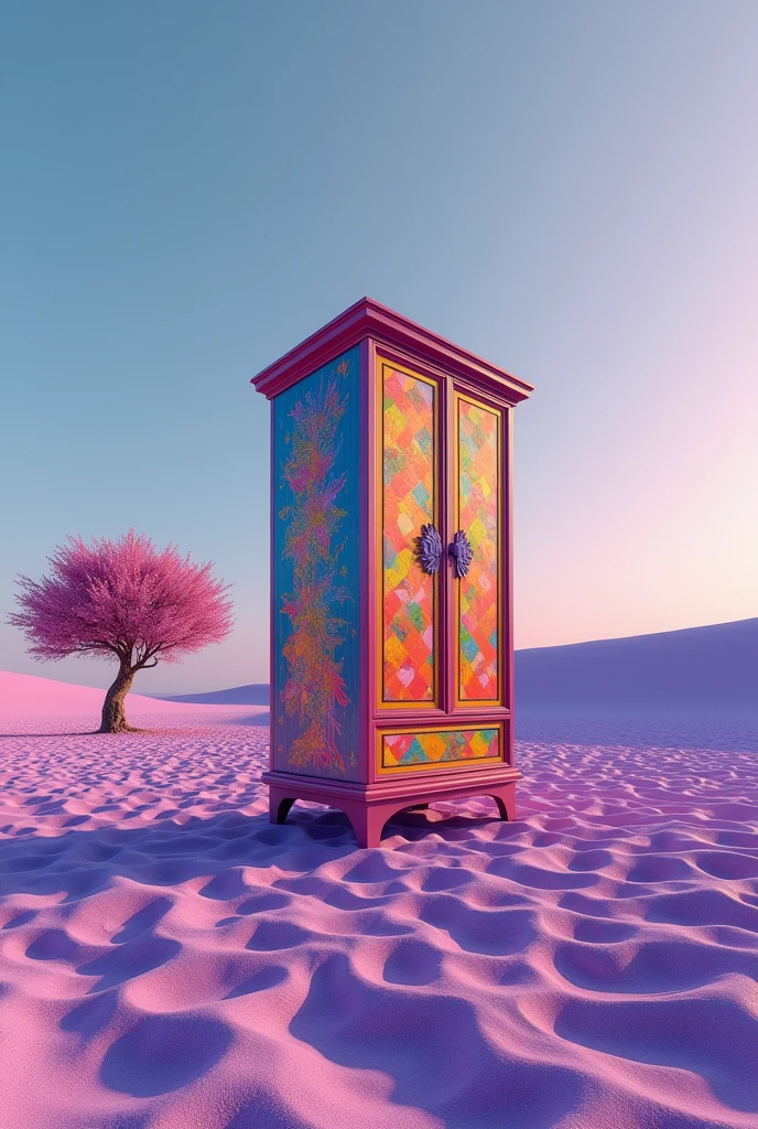 A wardrobe that says Messi with many colors in the middle of the desert with purple sand and a peach tree