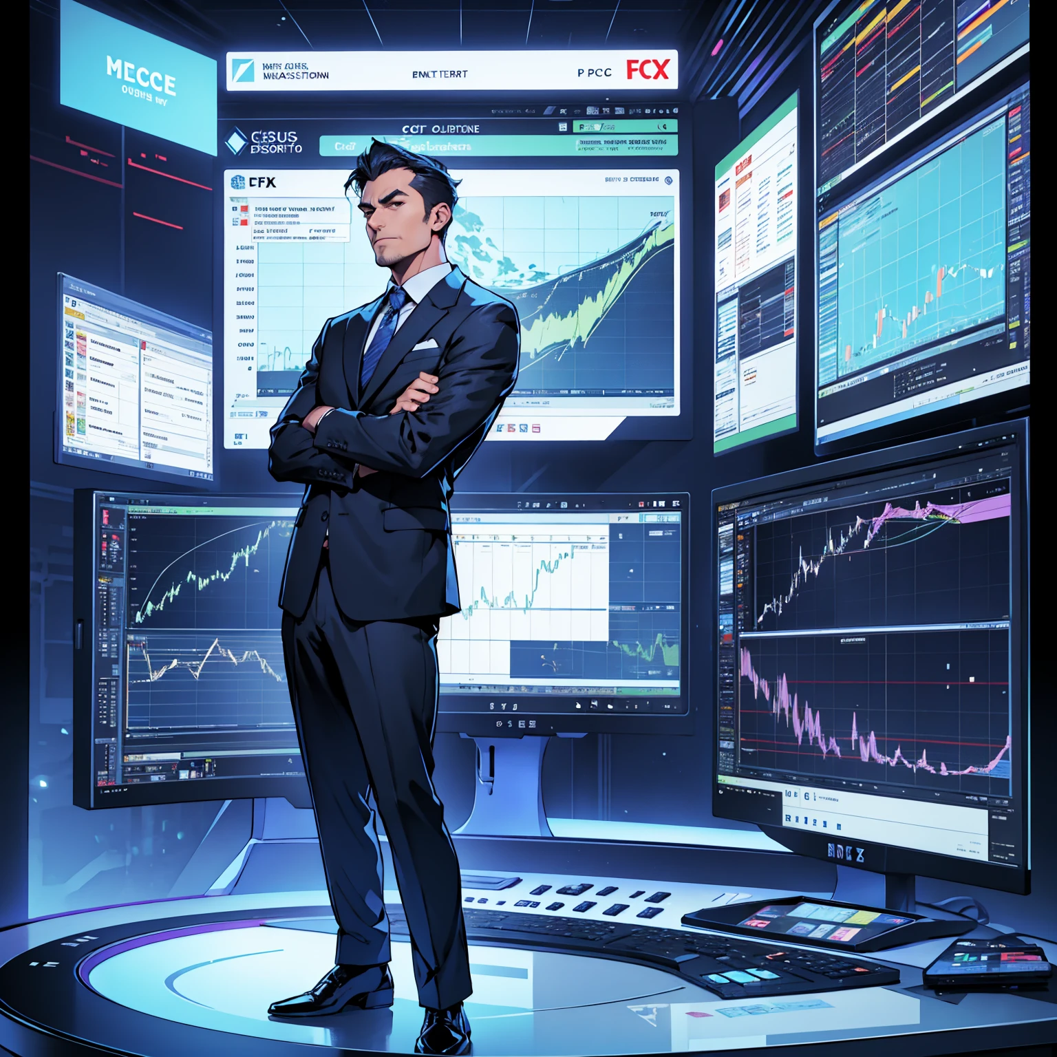 One cool guy in a suit.
watching a FOREX chart screen on two PCs.
Make an animated illustration.