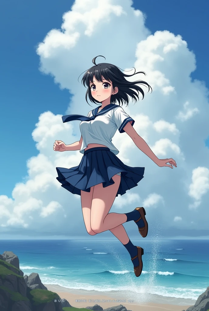ponytail, One girl, extremely cute face, Great face and eyes, (Highly detailed eyes, Highly detailed face), (Ultra-realistic, High resolution), (Highest quality:1.4), RAW Photos, (Realistic, Photorealistic:1.37), Professional photography, (Browsing Caution:1.0)、Highest quality, masterpiece, 超High resolution, (Realistic:1.4), RAW Photos, (Pleated mini skirt:1.3), Dark Blue Skirt, The Face of Japan,medium breasts,
, 13,  Sea side, school uniform, beautiful, ((White shirt)), Short sleeve, cute, smile, Flying tie, Huge Pillar of Clouds, Strong wind from below, Soaring skirt, Visible white panties, jump off , Are standing, Panty shot, (Browsing Caution)、 (A femboy in see-through panties)、A strong wind blows from below and flips up my skirt、(((cuteパンティー、Panties that dig into the crack of her ass)))