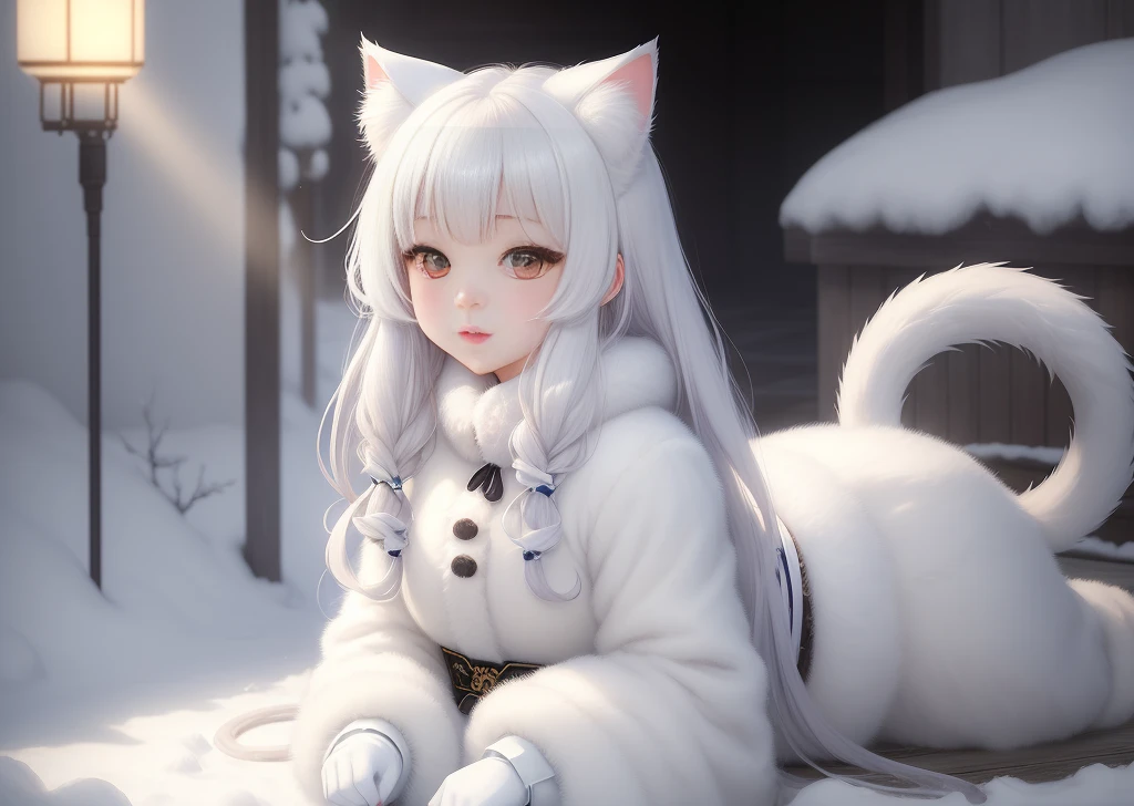 (pretty girl),かわいい大きなCat and抱き合う,White fur fur and white powder elements,Beautiful light and shadow,Zhou Haoguang,very high quality fur,Volumetric Light, Anime Cartoon Style,Cat and,Genuine,