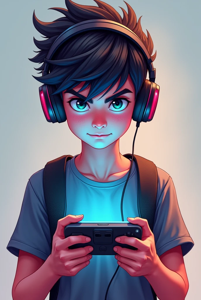  A gamer boy holding phone and wearing headphones 