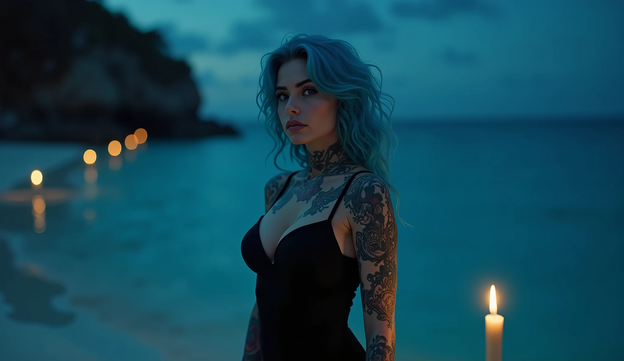 tatuados,Very beautiful big breasts、business suit、(Carrying an AK-100)(Very large bust),(Many tattoos on both arms and neck)、 (Late Night on Australia's Great Barrier Reef - Snorkeling and Diving on the World's Largest Coral Reef),Candlelight only,Very detailed, 18-year-old, A beautiful woman,Depressed face, Blue Hair,Wavy Hair, blue eyes, High resolution, masterpiece, Highest quality, Intricate details, Very detailed, Clear focus, Delicate skin, practical skin texture, texture, Delicate eyes, Professional, 8k, Sad face,despair、 Shot with Canon, 85mm, Shallow and deep, Kodak Vision Color, Exactly, Very detailed, photograph_\(Extremist\), photographpractical, practical, Post-processing, Maximum details, Roughness, Real Life, Extremist practical, Photorealism, photographgraphy, 8k ウルトラ HD, photographgraphy
