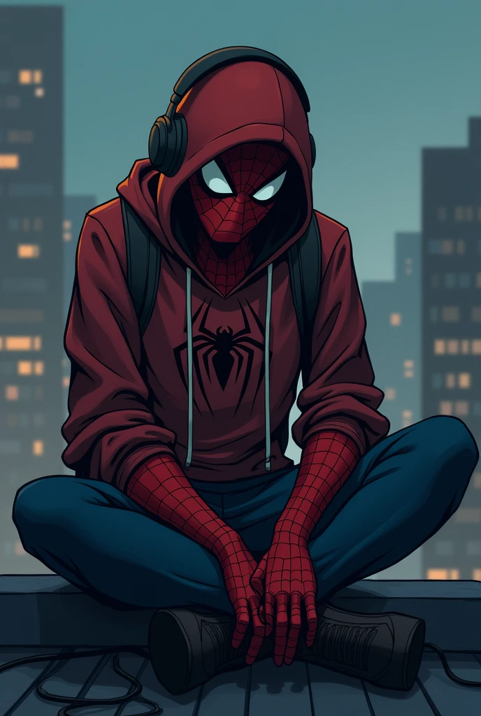 spiderman listening music ,rooftop,cartoon,fronted face,sad,hoodie,mask on, a little looking under,headphone, wearing hoodie
