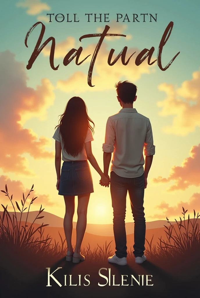 "Book cover showing a young man and a woman turning their backs on each other. Both are in a serene landscape and the sky is painted in a range of vibrant and soft colors., like a sunset. The scene conveys a sense of introspection and connection despite the physical distance.. The young man and the woman are dressed in contemporary clothing and their posture reflects a mixture of loneliness and hope.. The title of the book is at the top in an elegant and clear typeface., and the author's name at the bottom."