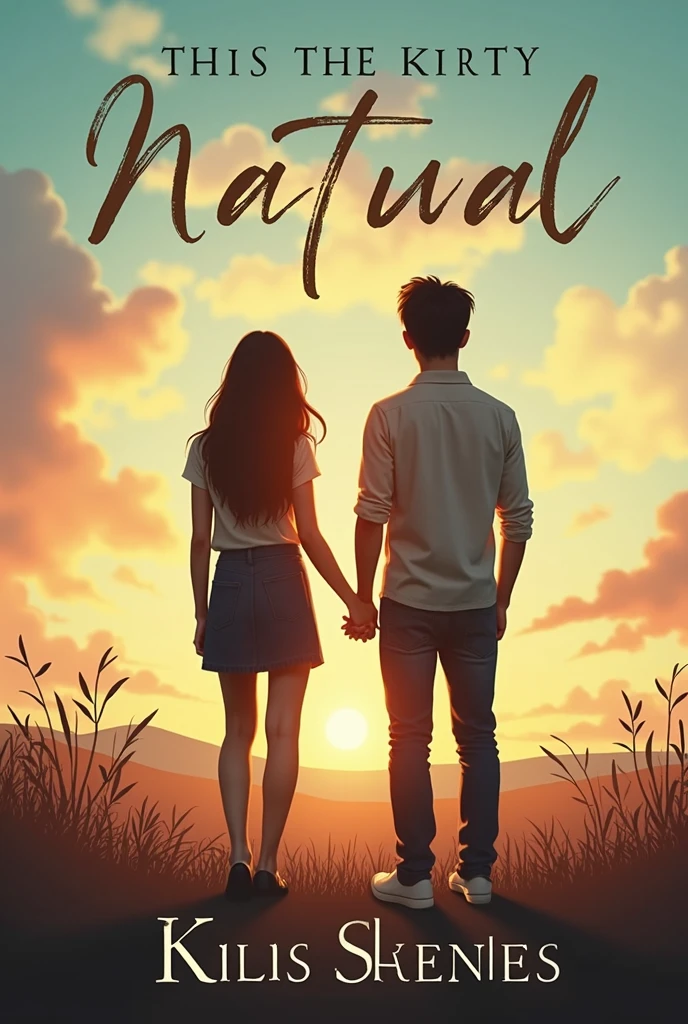 "Book cover showing a young man and a woman turning their backs on each other. Both are in a serene landscape and the sky is painted in a range of vibrant and soft colors., like a sunset. The scene conveys a sense of introspection and connection despite the physical distance.. The young man and the woman are dressed in contemporary clothing and their posture reflects a mixture of loneliness and hope.. The title of the book is at the top in an elegant and clear typeface., and the author's name at the bottom."