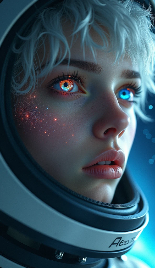 (Close-up of a better masterpiece:1.5)0.9], (Space and astronauts:1.2) (Messy silver hair:1.1) (Heterochromia xanthochromia and blue eyes:1.2) (Space Helmet:1.0) (Colored stars in the eyes:1.0) (A radiant glow:1.1) (thick lips:0.9)