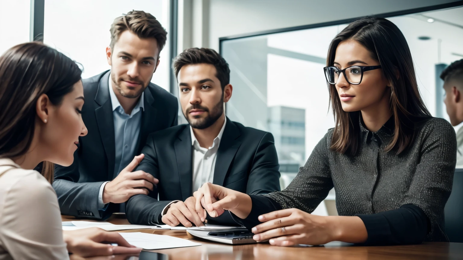 Super realistic, photorealistic image of a creative team from a marketing agency around a table with a traffic manager at the computer optimizing Facebook ad campaigns - perfect hands on all the characters in the image