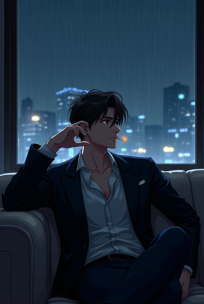 Handsome anime adult boy sitting on a couch smoking and looking out the window at night with rain 
