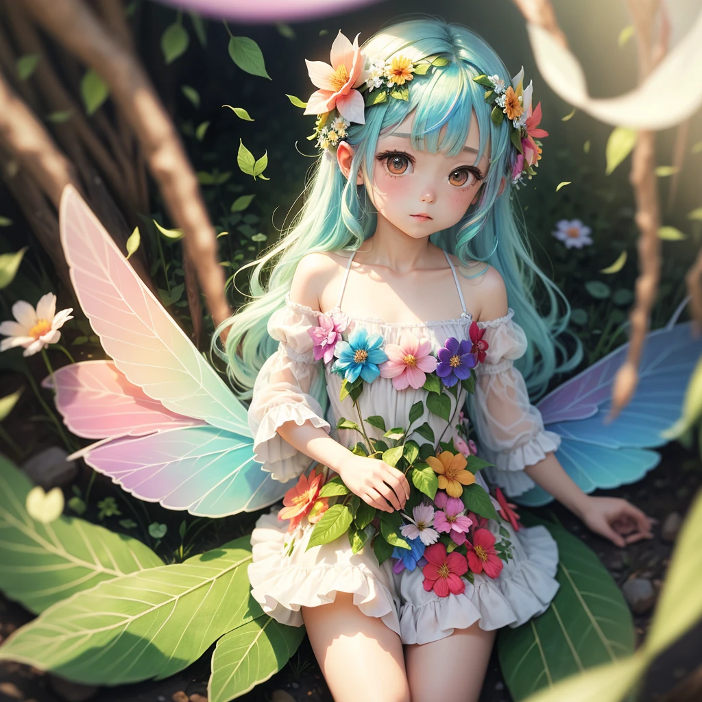 cute little fairy rainbow hair rainbow transparent wings flowers leaves clothes made of leaves flowers flower crown big flower
大きな花 葉っぱ