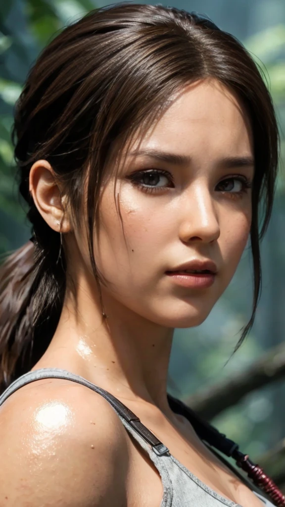 Lara Croft, eyes browns, (best quality, ultra details), (realisitic:1.37), beautiful and detailed face, ultra-realisitic texture, exquisite face, Delicate body, red lipgloss stick, shiny colors. High definition, 8k, serious expression.