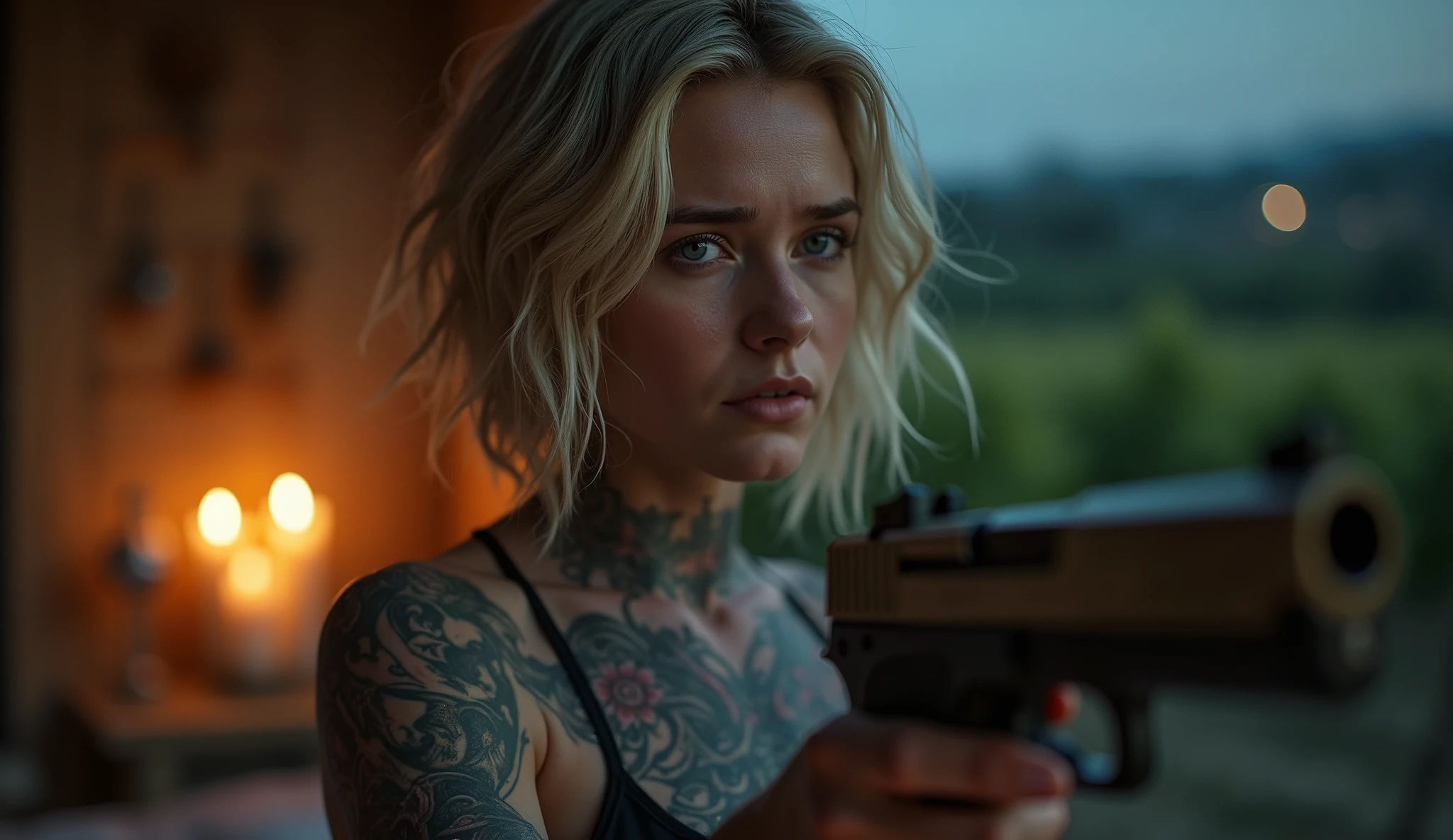 tatuados,Very beautiful big breasts、Very large bust、Gazing into the distance、(Dark Suit)(Two machine guns in each hand),(Many tattoos on both arms and neck)、 (Late Night in Napa Valley（America） - A beautiful valley with wineries and vineyards),Candlelight only,Very detailed, 18-year-old, A beautiful woman,Depressed face, Blonde Hair,Short Wavy Hair, blue eyes, High resolution, masterpiece, Highest quality, Intricate details, Very detailed, Clear focus, Delicate skin, practical skin texture, texture, Delicate eyes, Professional, 8k, Sad face,despair、 Shot with Canon, 85mm, Shallow and deep, Kodak Vision Color, Exactly, Very detailed, photograph_\(Extremist\), photographpractical, practical, Post-processing, Maximum details, Roughness, Real Life, Extremist practical, Photorealism, photographgraphy, 8k ウルトラ HD, photographgraphy