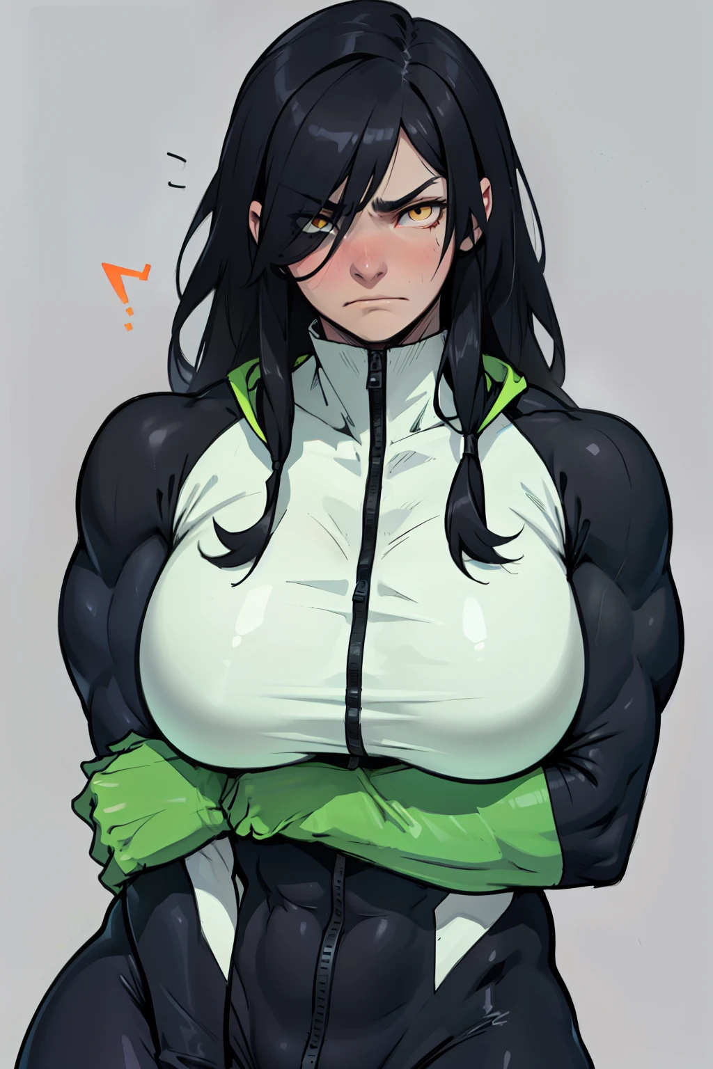 massive breasts huge breasts ((((muscular girl)))) ((((muscular girl)))) ((((muscular girl)))) toned body skinsuit long hair black hair yellow eyes pale skin serious look empty eyes sad frown embarrassed embarrassed embarrassed embarrassed 