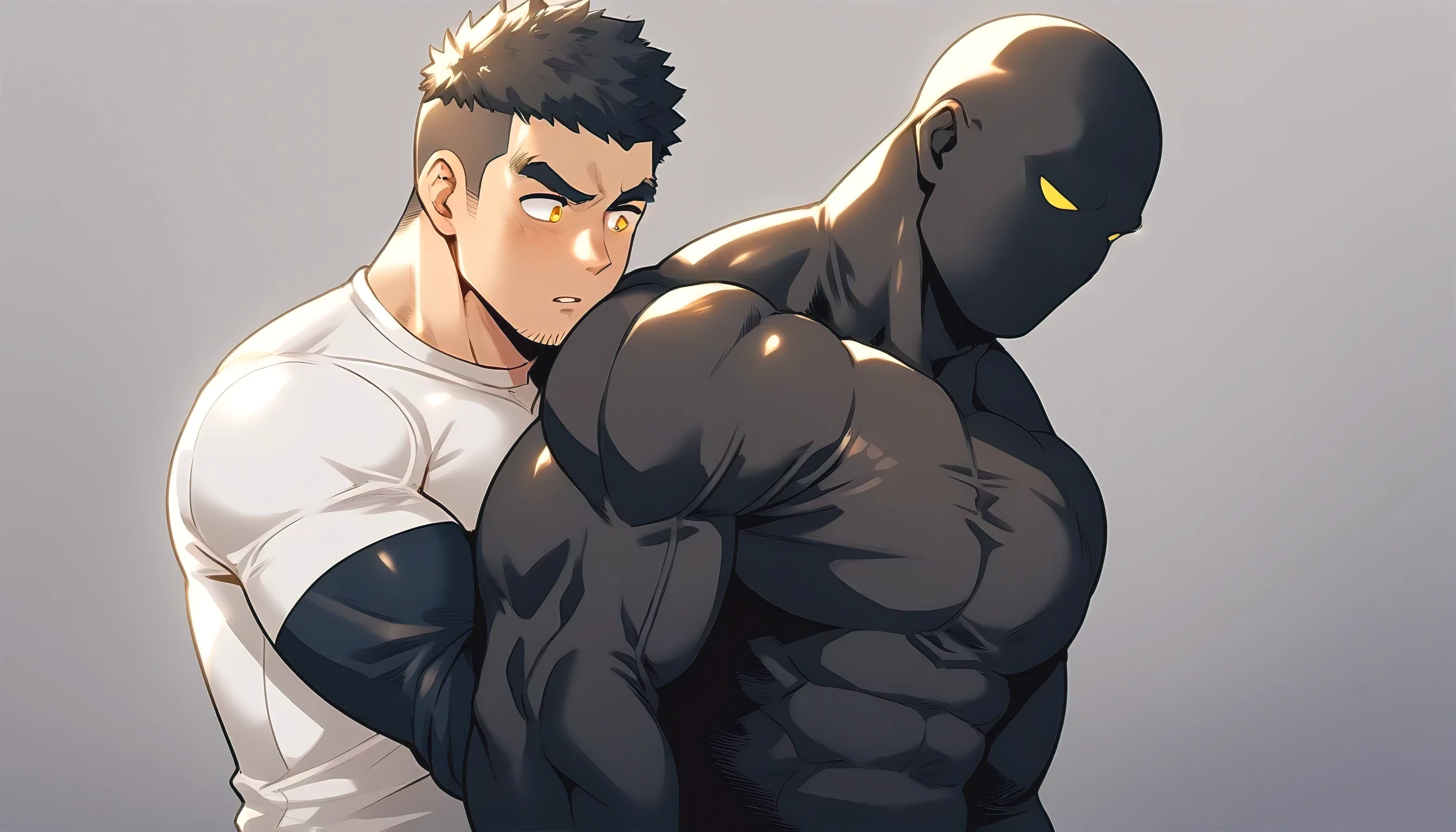 anime characters：Two superheroes in tights, Muscle Sports Student and Muscle No Face skinhead superhero, No Face, negro black skin, They hugged and kissed each other, Bite your neck, Caress, Manliness, male focus, Yellow and black high collar long sleeve tight T-shirt, Slightly transparent material, Very tight, Round, full and perky chest muscles, Muscle waist, Slightly transparent, muscular male, muscular, only, Upper body, alone, Black short hair, Thick eyebrows, stubble, Yellow eyes, Grey background, simple background, amazing quality, best aesthetics, Ridiculous, bright pupils, crew cut, parted lips, embarrassed, endured face, shy, best quality