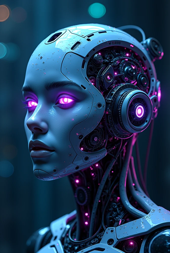 head: Composed of circuits and neon lights, with eyes that shine in shades of blue and purple , representing data flow and information processing capacity.
cos: a technological design. showing gears, fiber optic cables and small processors working in sync.
expression: The figure has a serene expression, almost enigmatic, symbolizing the assistive nature and neutrality of AI, but with a calm and constant presence. Oil painting style with reference to leonardo davint or vangog