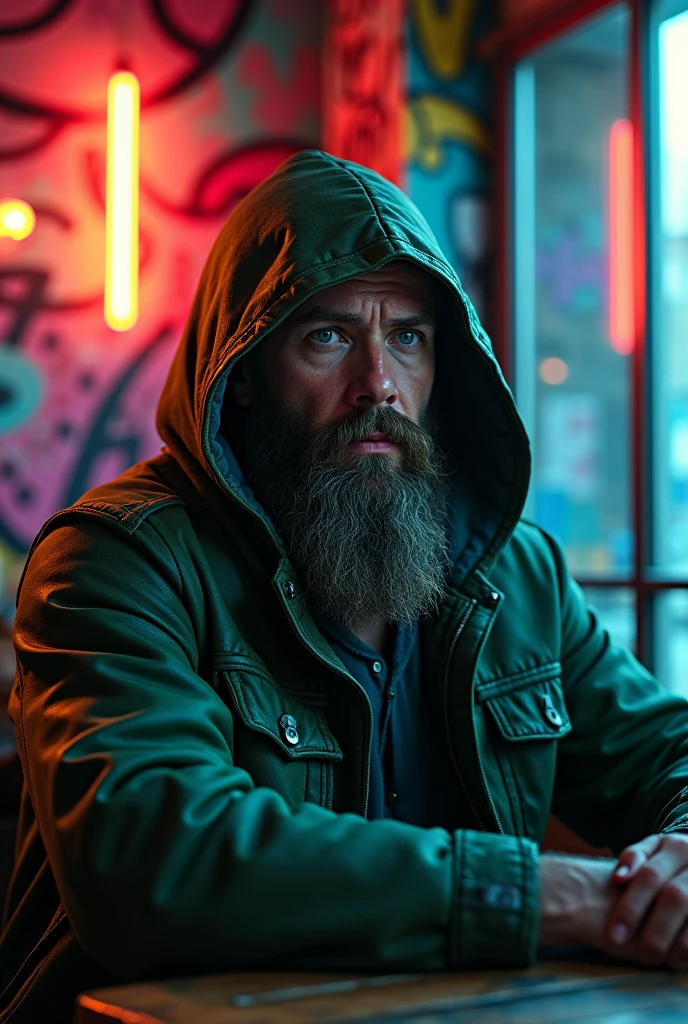 A rugged bearded mountain man green, leather hoodie cloak sits in a neon-lit coffee shop, surrounded by vibrant graffiti on the walls, with intricate details and a moody, atmospheric glow., 3D effect ultra-detailed intricate insanely full HD, golden ratio, volumetric modeling, spotlight embroidery, accents, intense gaze, digital painting cinematic film light, expressive eyes, ultra-realistic, masterpiece
