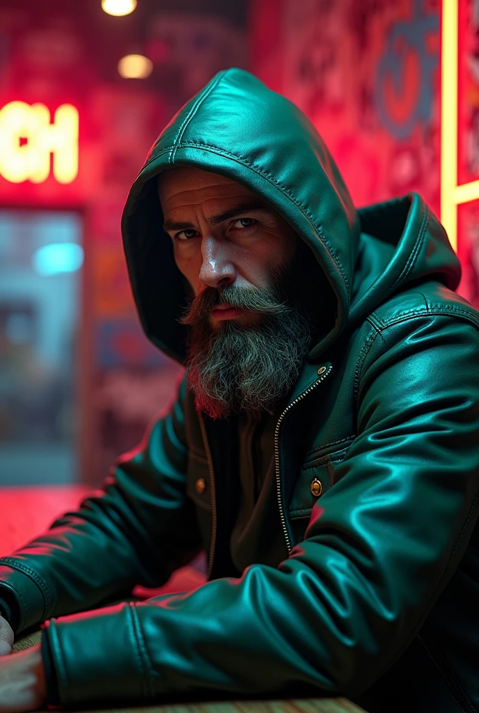 A rugged bearded mountain man green, leather hoodie cloak sits in a neon-lit coffee shop, surrounded by vibrant graffiti on the walls, with intricate details and a moody, atmospheric glow., 3D effect ultra-detailed intricate insanely full HD, golden ratio, volumetric modeling, spotlight embroidery, accents, intense gaze, digital painting cinematic film light, expressive eyes, ultra-realistic, masterpiece