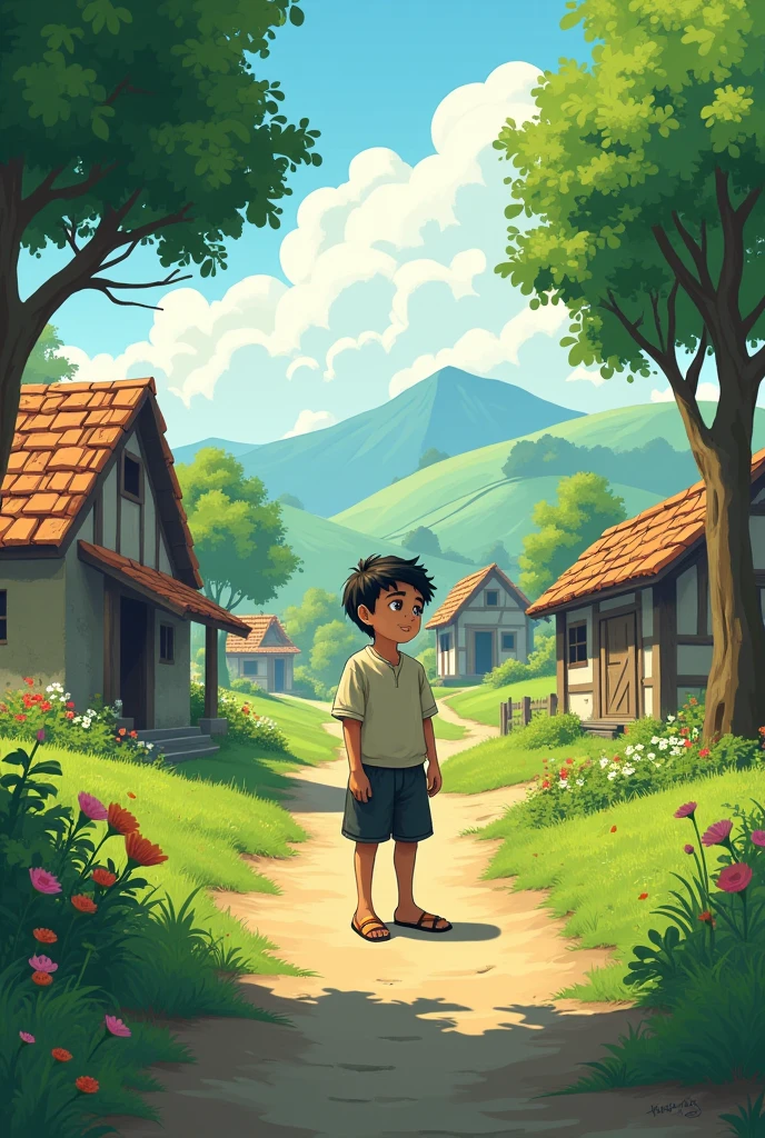 A quaint, rural village setting with simple houses and lush greenery. Ramū, a young boy with modest clothes, stands looking thoughtful or contemplative.