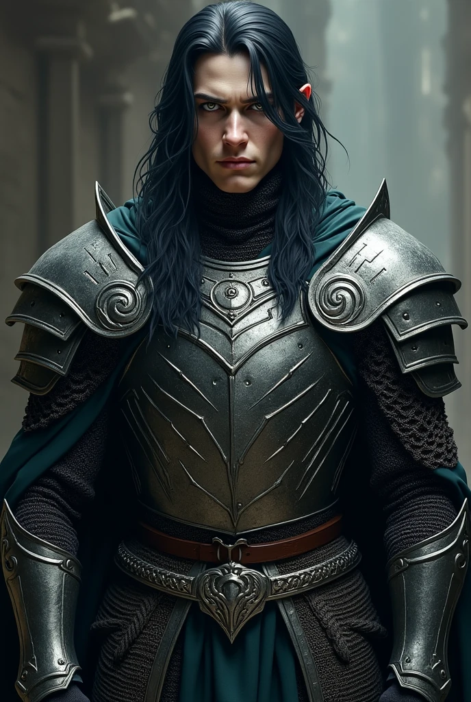 Create a male paladin, with pale, almost white skin and long, dark hair, with a serene and serious appearance, almost without expression, wearing chainmail without the armor on top