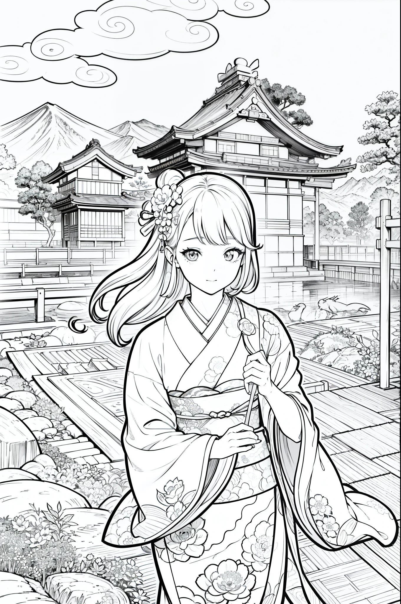 Obra maestra, superlativo,solamente, Dragon cute , flower line drawing background, fondo blanco, monocromo, line drawing, ((bosquejo)), spooky, white eyes, Please create a simple monochrome coloring book that even a can do, depicting a realistic and cute ukiyo-e illustration of a girl in a kimono, in various poses, with a Japanese garden in the background, that conveys Japanese culture.