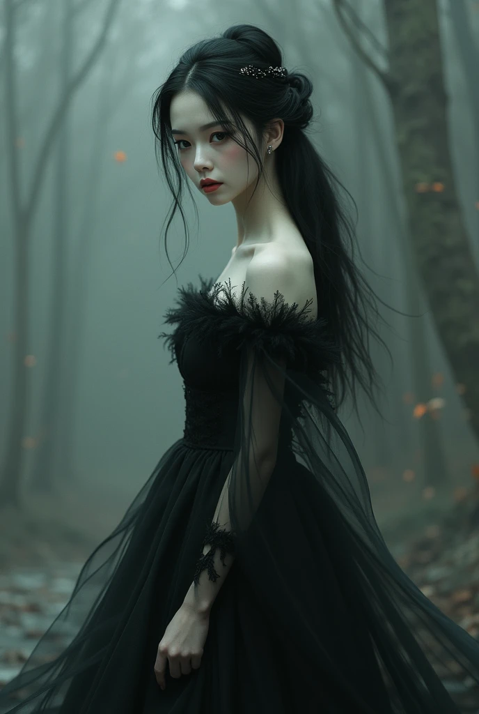 1 pale girl black hair black eyes long dress and ponytail