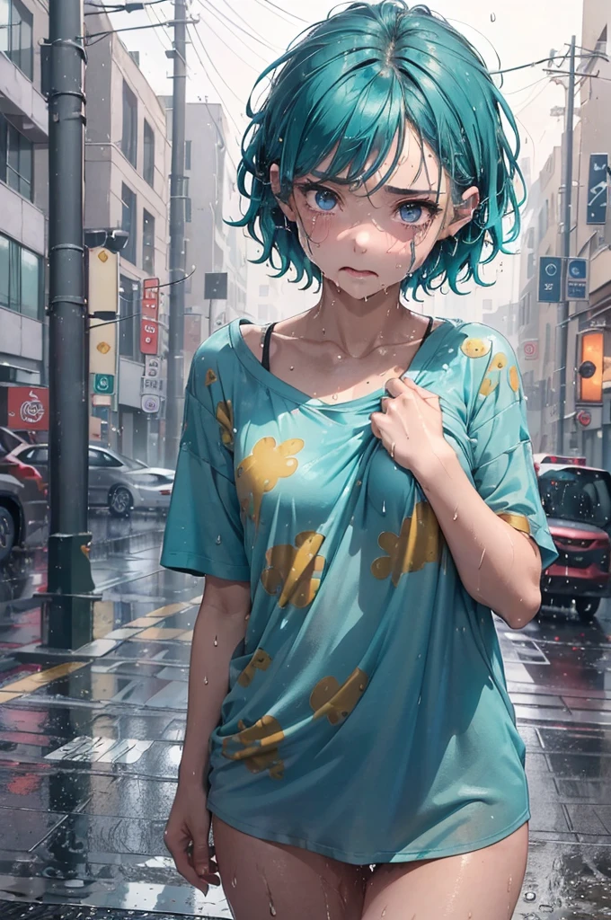 ((Camera angle from above, close up, street light, amber light, dark scene)), She is wearing absolutely nothing but her pyjama shirt, short caramel-blonde hair, buttoned up pyjama top, ((no bra or panties)), ((Pyjamas are soaking wet)), ((Deep purple eyes, bright eyes, detailed eyes)), (((patterned pyjamas, soaking wet short hair, hair sticking to her face))), teal-coloured pyjama shirt, naked, raining heavily, pyjama top is soaking wet, her pyjama top is so wet it is sticking to her body, her eyes are purple and gorgeous, amazing purple eyes, growing purple eyes, dripping wet hair, no underwear, no pyjama bottoms, nighttime, very dark scene, pavement, braless, small B-cup breasts, flushed cheeks, red cheeks, embarrassed, depressed, crying, tears, very sad, NSFW, teal pyjama top, deep teal, dark teal, hiding her vagaina,