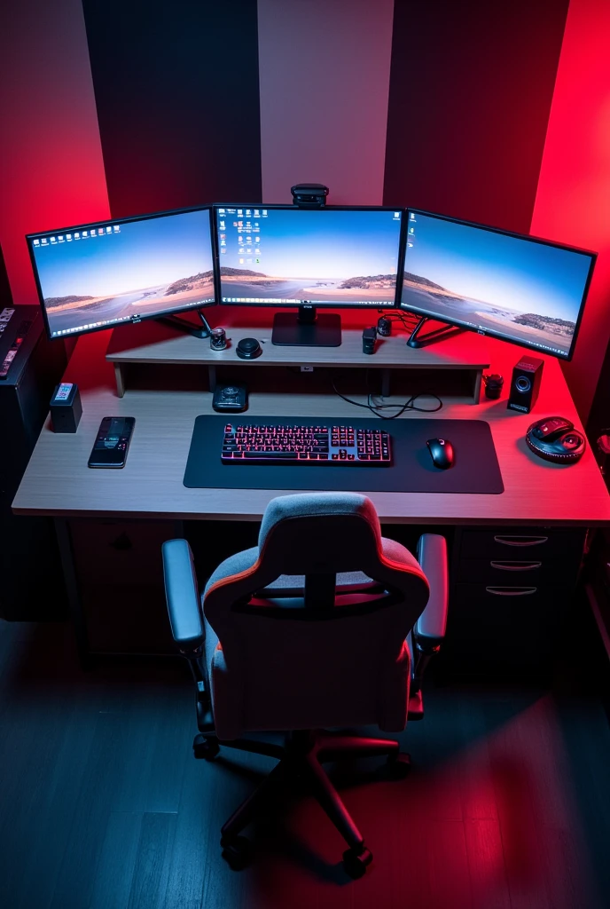 Captured from a high-angle perspective, a full view of a computer desk with three large monitors set up in a row and a 100" LG TV centered above the 3 monitors, a RGB lit keyboard, a gamer mouse, a camera, and a few other objects on it. To the left of the desk is a black computer monitor with a digital clock on the wall. The clock reads "6:49 AM". To the right of the monitor is a gray and black computer chair with a red backrest. The chair is positioned in front of the desk with a red and black striped wall behind it.