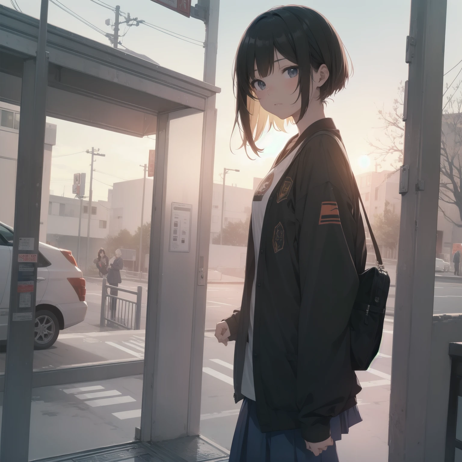 ultra-absurdres-Top quality by artist God, ultra-detailed, high resolution, anime moe artstyle, best anime 8k konachan wallpaper, pixiv contest winner, pool:2810, perfect anatomy,break, 1girl, (Please draw a girl walking sleepily to school alone. )break,(Solo,little female, 13-year-old:1.3),Full limbs, complete fingers,a junior high school student, (very short hair), short cut, flat chest, , small butt, small black eyes, beautiful detailed eyes, well-proportioned iris and pupils, expressive eyes, highres detailed hair, soft expression, salor school_uniform, sailor collar, serahuku, bow, pleated skirt,(Detailed Lighting), (Detailed background), in the School commute route. break,super detailed skin, Best cinematic lighting powered by famous artist, 8k,beauty illustration,photoshop_(medium),very aesthetic,break,((artist:shimazaki_mujirushi )), artist:clamp ,artist:carnelian ,artist:kantoku ,