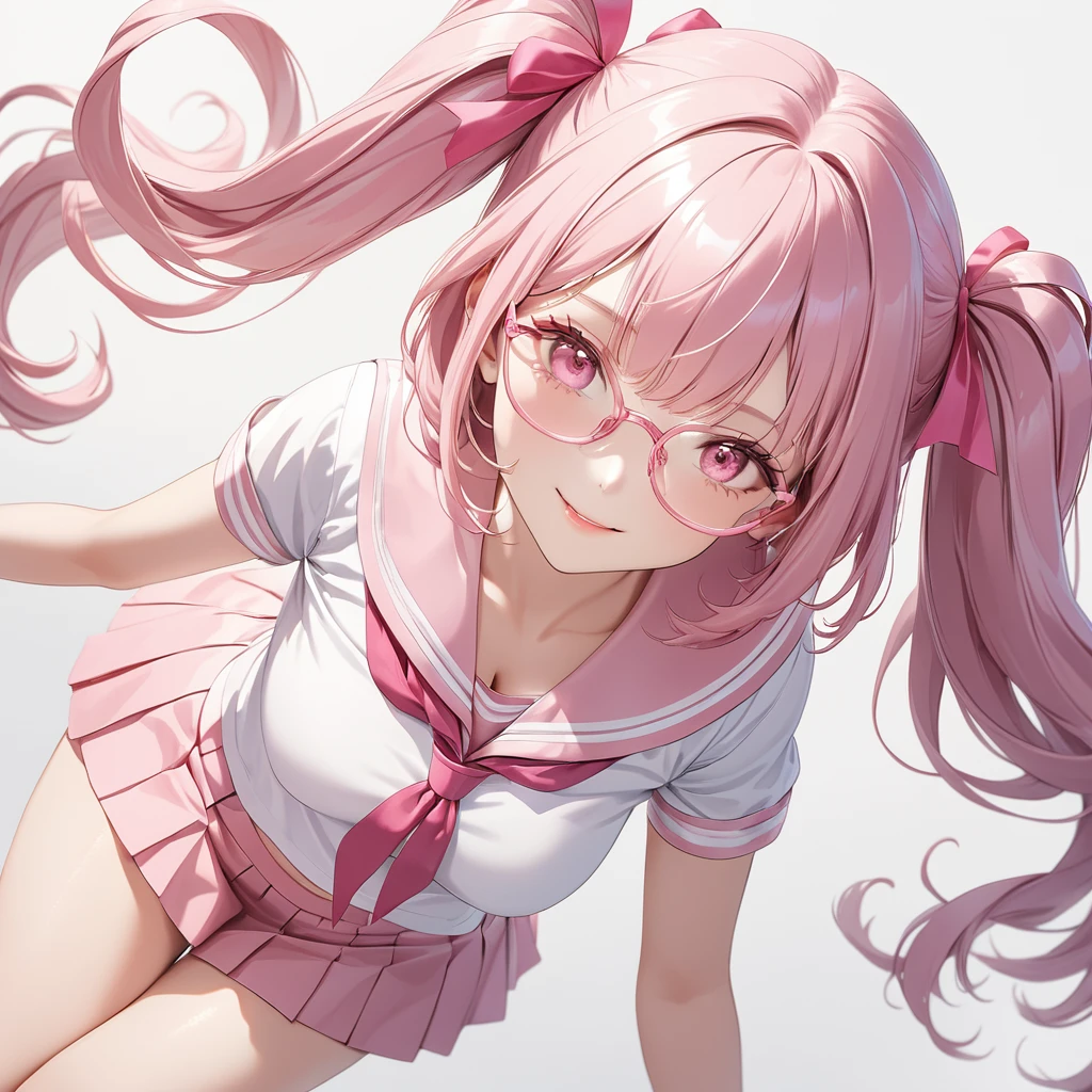 (8K, masutepiece, Best Quality, Official art, Breathtaking beauty and aesthetics, highly beautiful lighting, highly beautiful detailed), (1 Girl, Solo), (sixteen years old), (beautiful detailed face), (shiny white skin), (Beautiful big bust, cleavage, thighs, navel focus:1.3), (beautiful detailed pink twin tails hair, Bangs:1.3), (beautiful detailed drooping pink eyes:1.5), (pink glasses:1.3), (high school uniform:1.3), (patsel pink sailor collar, white short sleeves short length outing shirt, pastel pink pleated skirt, patsel pink ribbon:1.3), (happy smile:1.2), (Attractive, sensational, look at the camera, cute pose, lying, lie on her back, from above:1.3), (simple white plain background:1.5),