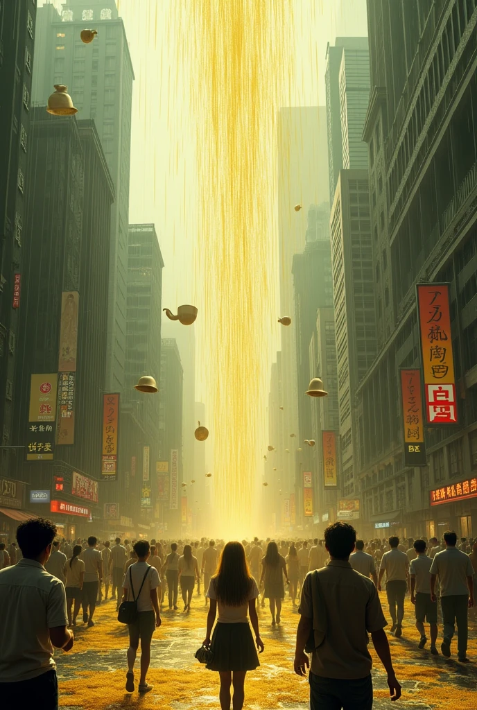 A rain of tea falling from everywhere in the sky like rain in a city