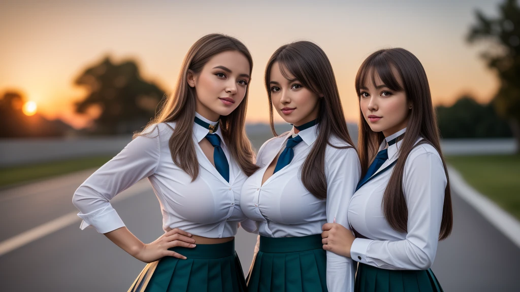 three girls, masterpiece,best qualtiy,hdr, hyper HD, 8K,Bokeh,Ultra-fine painting,Sharp focus,Physically-based rendering,Extreme detail description,portraitures,full-body photo，back turned at viewer, (long ruffled hair), Sexy smile, choker, (school girl uniform with micro skirt and open shirt:1.2), (in sunset light:1.2), (kissing:1.2), perfect eyes, perfect hands, perfect body, perfect hair, (Big breasts:1.4), (EOS R8, 50 millimeters, F1.2, 8K, RAW photo:1.2), photograph by arny freytag