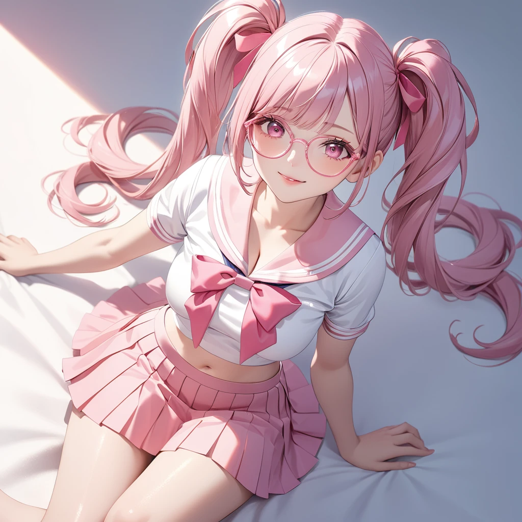 (8K, masutepiece, Best Quality, Official art, Breathtaking beauty and aesthetics, highly beautiful lighting, highly beautiful detailed), (1 Girl, Solo), (), (beautiful detailed face), (shiny white skin), (Beautiful big bust, cleavage, thighs, navel focus:1.3), (beautiful detailed pink twin tails hair, Bangs:1.3), (beautiful detailed drooping pink eyes:1.5), (pink glasses:1.3), (high school uniform:1.3), (patsel pink sailor collar, white short sleeves short length outing shirt, pastel pink pleated skirt, patsel pink ribbon:1.3), (happy smile:1.2), (Attractive, sensational, look at the camera, cute pose, lying, lie on her back, from above:1.3), (simple white plain background:1.5),