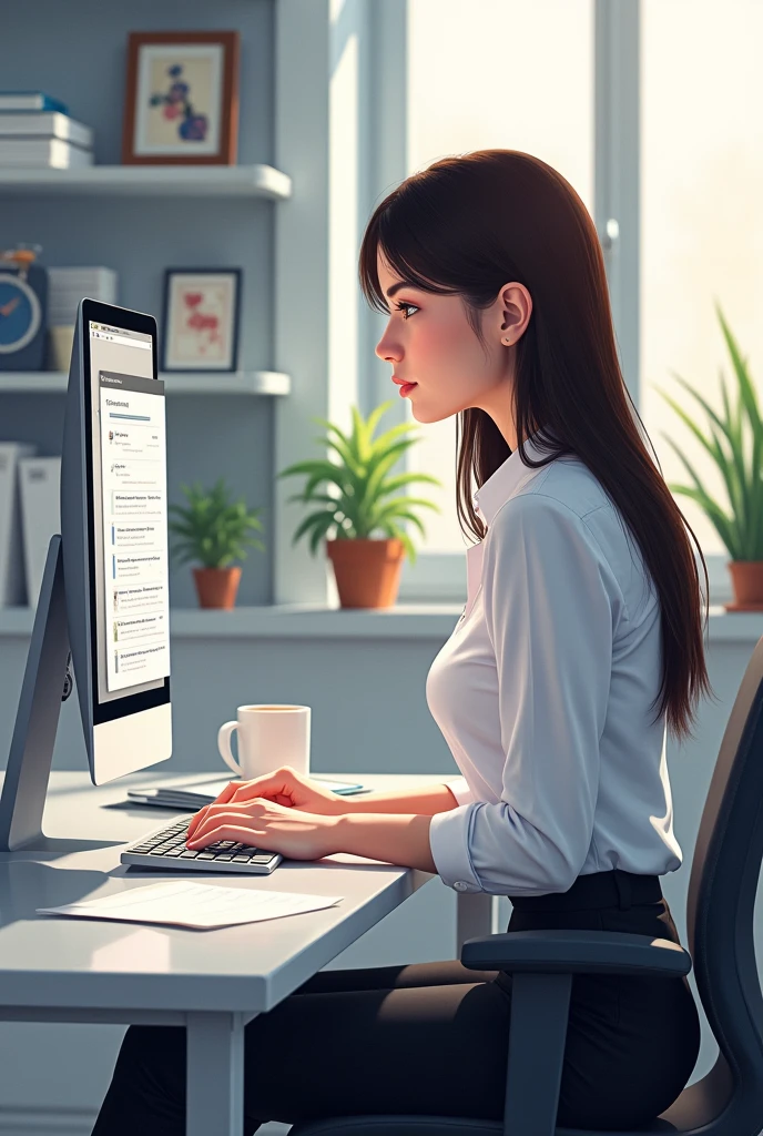 Brunette woman in front of computer at work