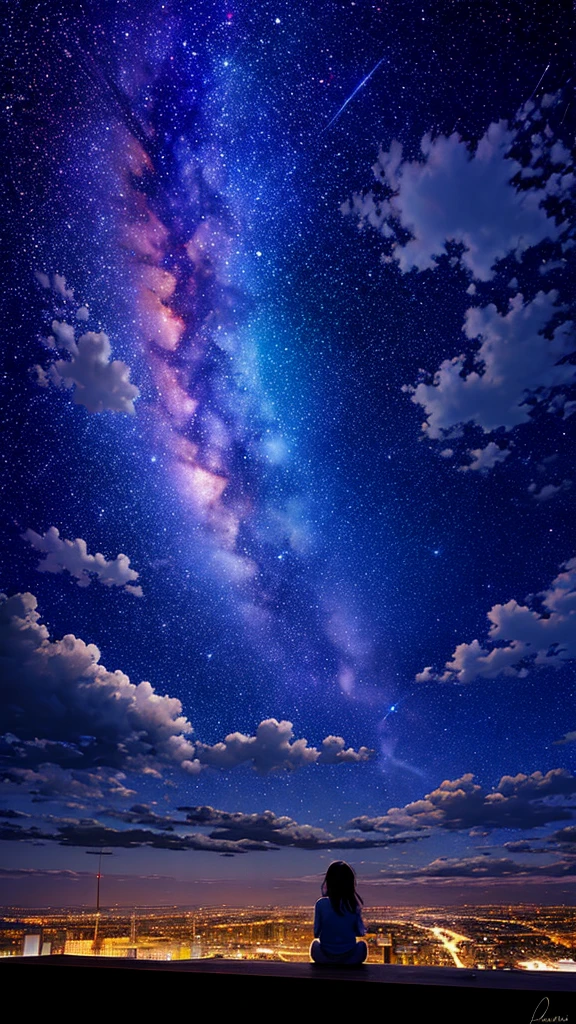 octans, sky, star (sky), scenery, starry sky, night, 1girl, night sky, solo, outdoors, building, cloud, milky way, sitting, tree, long hair, city, silhouette, cityscape