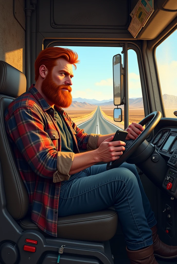 A red-haired truck driver using his cell phone and looking ahead 