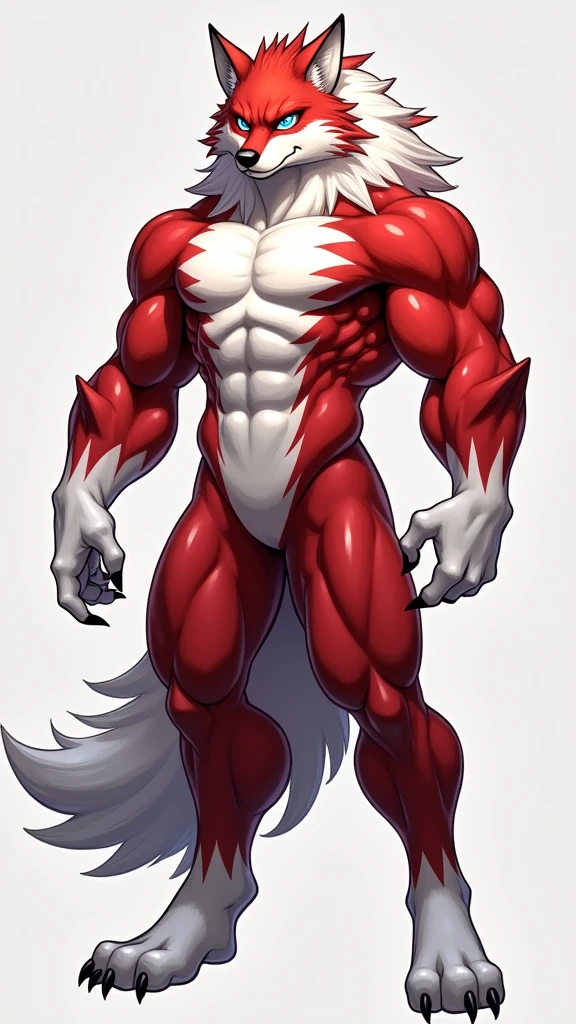 ((solo, full body perspective, side perspective)), male, anthro, ((wolf-face, digitigrade, four toes, muscled body, two-tone fur, red and white furred body, arms at side, white claws)), calm expression, blue eyes,