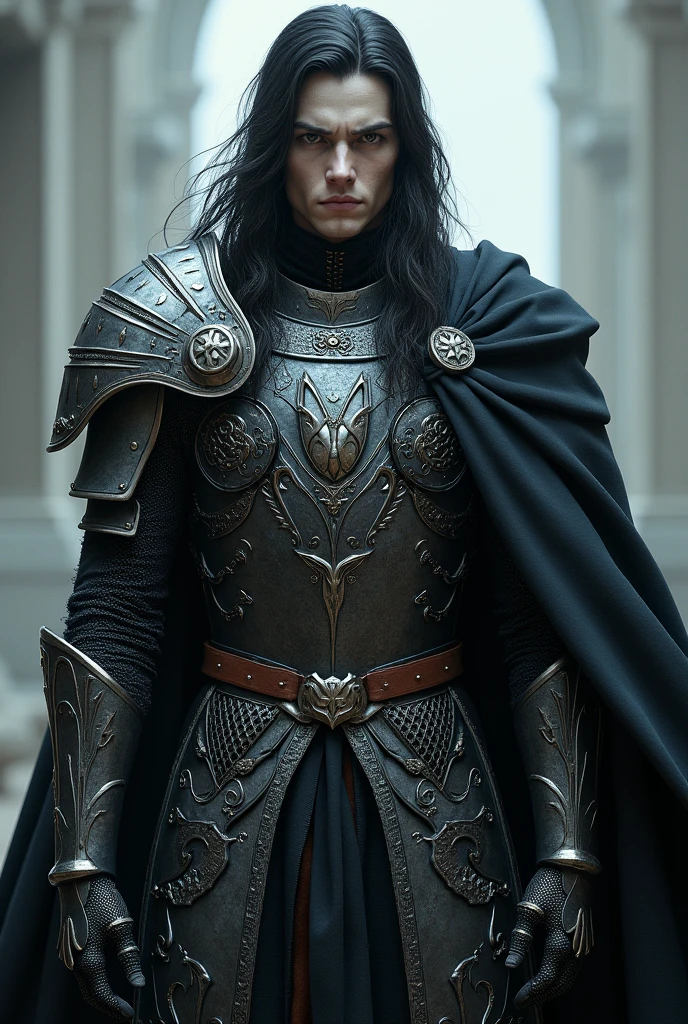 Create a male paladin, with pale, almost white skin and long, dark hair, with a serene and serious appearance, almost without expression, wearing chainmail without the armor on top
