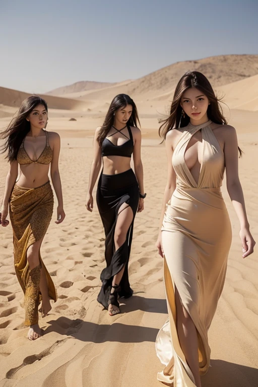 Young brunettes walking through a desert. athletic bodies, slim, large breasts, large buttocks, long hair .sandstorm .sexy arabic clothing