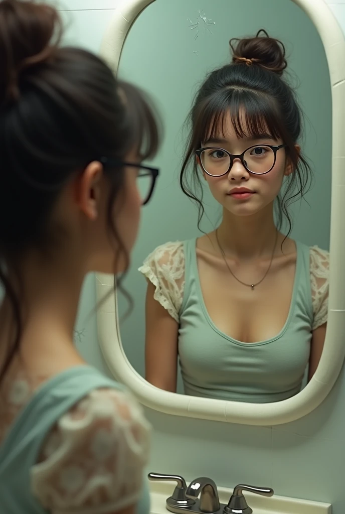 i want the image of a nerdy girl looking in the mirror with the reflection of the beautiful and not nerdy her