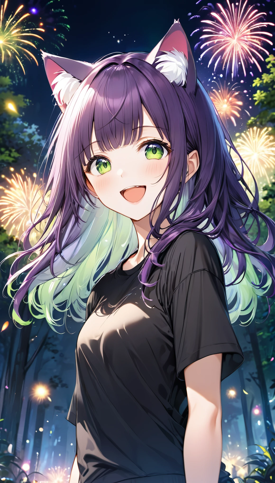 (masterpiece), best quality, expressive eyes, perfect face, solo, , cat ears,
long hair, wavy hair, blunt bangs, purple hair, green eyes, flat chest, black t-shirt, smile, open mouth, short sleeves, 
forest, night, fireworks,