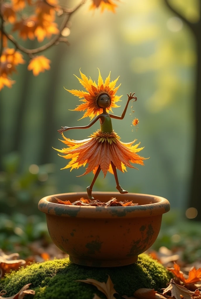 A whimsical miniature figure composed of delicately arranged autumn leaves, poised in a carefree dance on the rim of a weathered, moss-covered terracotta pot, set against a lush, vibrant forest backdrop, where dappled sunlight filters through the canopy above, casting intricate shadows. The overall aesthetic is ethereal, with warm, earthy tones of sienna, umber, and olive green, infused with hints of emerald and golden light, evoking a sense of wonder and enchantment, as if plucked from a fantastical realm