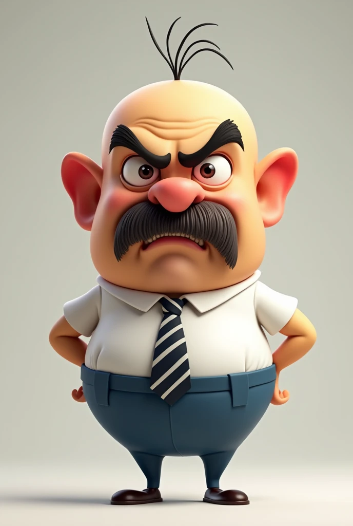 a cartoon guy that is a angry boss, (colorful design:1.4), (Disney style),(pixar style:1.5), bald with a big nose and big mustache,your shirt is white and your pants are blue, he wears a striped tie, has only two hairs, (your nose is narrow thin and long and goes down from the eyebrow:1.5),her body is small and she has thin legs, your eyebrows are thick and expressive, your body is shaped like the minions,your ears are red with anger,