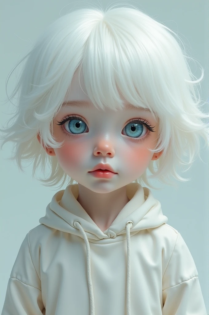 An albino ager, fluffy white hair, ocean blue eyes, chubby cheeks and big lips