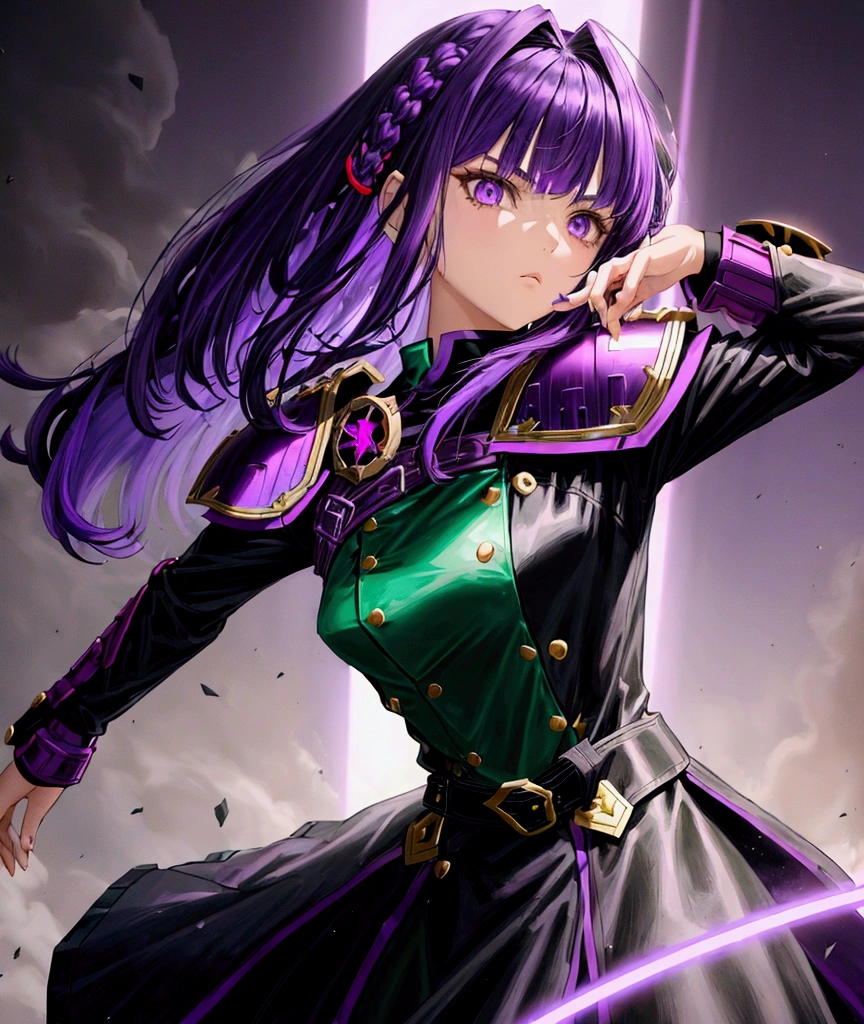 「(a battle girl),(cool and beautiful),(medium hair),(straight hair),(purple hair),(black coat) ,(red shirt),(dark green shoulder pad), (purple eyes),(science fiction)」