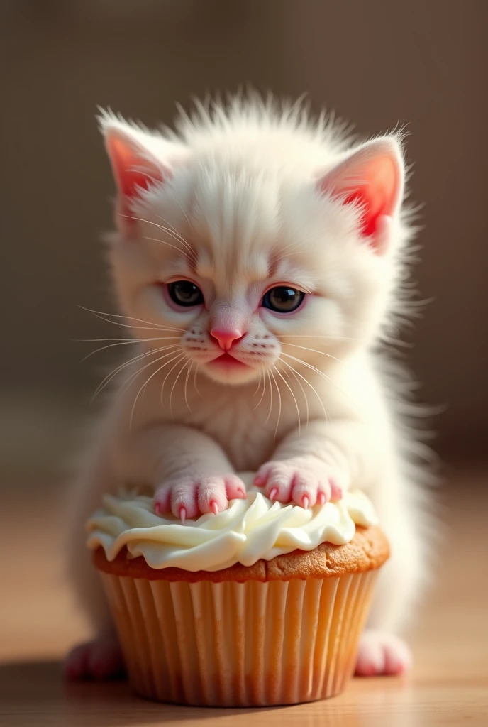 a very cute baby kitten, detailed paws, pink nose, sitting on a cupcake, 10 days old, chubby, realistic, 8k, highres, detailed fur, adorable expression, soft lighting, warm colors, photorealistic, detailed whiskers, detailed eyes, detailed nose, detailed mouth, detailed paws, detailed toe beans, detailed ears, detailed tail, detailed texture, depth of field, volumetric lighting, cinematic lighting, studio lighting, professional photography, award winning photograph, intricate details, delicate features, plump body, fluffy fur, endearing pose